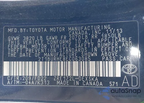 2014 Toyota Corolla S Plus from USA, damaged, VIN 2T1BURHE8EC063085